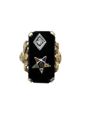 Antique Art Deco 10K Tri Color Gold Diamond Black Onyx Masonic Star Ring